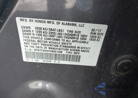 2017 Honda Pilot Ex-L z USA, uszkodzony, nr VIN 5FNYF6H57HB021350